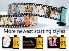 a film strip with pictures on it and the words, more news starting styles happy birthday