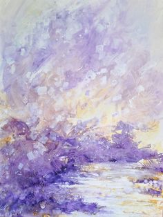 an abstract painting with purple, yellow and white colors on the water's surface