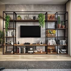 Estante em alto padrão fabricado matéria prima de qualidade. Conjunto de tv estilo industrial conta com estrutura robusta e fundos em tela e madeira.  Todo o mobiliário é entregue em 4 módulos que vão montados:  - Estante 50x30x200 cm  - Estante 98x30x200 cm  - Nicho 154x30x42 cm  - Rack 154x30x45 cm  Descrição do Produto  - Estrutura em aço carbono com pintura eletrostática na cor preta (fosco).  - Tampo em madeira mdp freijó com espessura de 18 mm.  *Imagem ilustrativa. Os materiais poderão sofrer eventual variação na cor devido à iluminação ou por serem naturais.  Dimensões:  - Largura: 302 cm  - Profundidade: 34 cm  - Altura: 200 cm  Garantia: 03 Meses Acabamento: Pintura Possui Pés: 14 Possui Nichos: Não Possui Portas: Não Possui Gavetas: Não Escala de Brilho: Fosco Material dos Pés: Koti Diy, Living Room Tv, Home Room Design, 인테리어 디자인, Entertainment Center, House Rooms, Home Decor Furniture, Home Living Room, Home Deco