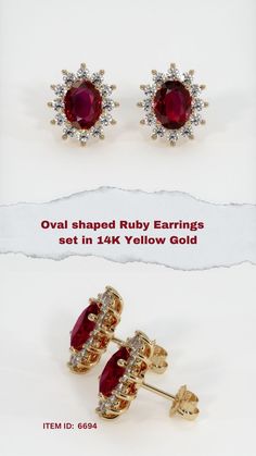 The earrings feature a beautiful, semi-translucent pair of rubies that are 3.21 total carat weight. They are oval shape purplish red rubies, with the dimensions of 8.04 x 6.05 x 3.62 mm and are mixed brilliant cut, have a clarity grade of very slightly included (evaluated at eye level), vivid color saturation, and an excellent polish. #cute earrings #jewelry #cool earrings #piercings #earrings outfit Red Oval Ruby Earrings, Oval Red Ruby Earrings, Red Oval Halo Design Earrings, Earrings Piercings, Piercings Earrings, Red Ruby Earrings, Earrings Outfit, Rare Jewelry, Bridal Jewelry Collection