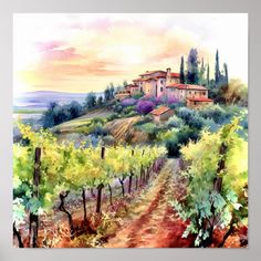 a painting of a vineyard with houses on the hill in the background