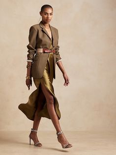 Slip Dress Business Casual, Brown Slip Dress Outfit Winter, Winter Silk Dress Outfit, Shoes With Slip Dress, Safari Chic Outfits Women, Silk Clothes Aesthetic, Italian Summer Clothes, Green Silk Dress Outfit, Silk Dress With Blazer