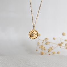 Moon Sun Gold Necklace, Dainty Round Circle Pendant Necklace, Waterproof Jewelry, Celestial Jewelry, Dainty Gold Minimalist Necklace PRODUCT DETAILS ✦ 18K PVD Gold plated over surgical level 316L stainless steel ✦ Lead-free and Nickel-Free, a great choice for sensitive skin ✦ Hypoallergenic ✦ Tarnish-Free  ✦ WATERPROOF and SWEAT-RPOOF > Chain length: 15 in + 2 in extender > Pendant: 0.7 x 0.7 in SHIPPING & PACKAGING Our jewelries are well packaged with care and will be shipped out within 1-3 bus Gold Minimalist Necklace, Gold Necklace Dainty, Minimalist Necklace Gold, Jewelry Dainty, Moon Sun, Shipping Packaging, Circle Pendant Necklace, Celestial Jewelry, Waterproof Jewelry