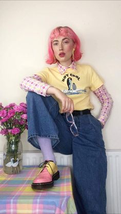 'Cole' Wide Leg Organic Jeans in Midwash Denim Wide Leg Outfits Jeans, Funky Jeans Outfit, Styling Wide Legged Jeans, Wide Leg Outfit Jeans, Quirky Outfits, Styling Jeans, Wide Leg Outfit, 70s Inspired Outfits