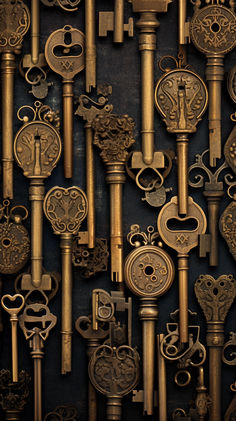 an assortment of antique keys are displayed on a wall