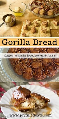 there are several different types of breads on the table with text overlay that reads gorilla bread gluten & grain free low carb thins