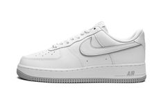 The Nike Air Force 1 Low “White/Wolf Grey” is a versatile colorway of the classic basketball shoe with subtle grey accents.  The “White/Golf Grey” Air Force 1 Low is designed similarly to the model’s iconic “White on White” colorway in that it features a mostly monochromatic white leather design, but incorporates Wolf Grey accenting on the white leather Swoosh on the sides and on the “Nike Air” branding on the heel.  Grey “Air Force 1” detailing appears on the tongue tag.  A Wolf Grey “Air” logo Grey Air Force 1, Air Logo, Zapatillas Nike Air, Athletic Shoes Nike, New Nike Air Force, Nike Airforce 1, Nike Fashion Shoes, Cute Sneakers, Nike Air Force 1 Low