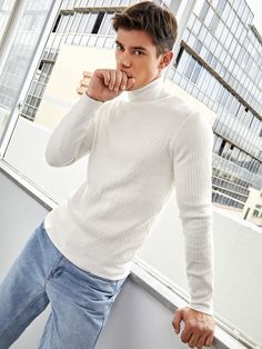 White Casual  Long Sleeve Viscose Plain Pullovers Embellished Slight Stretch Fall/Winter Men Knitwear White Turtle Neck Outfit, High Neck Outfit, Men Knitwear, Turtleneck Outfit, Textured Knit Sweater, Fitted Turtleneck, White Turtleneck, Sweater White, Knitwear Men