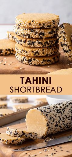 an image of tahini shortbreads stacked on top of each other with sesame seeds