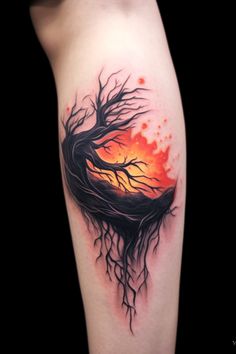 an artistic tattoo design on the leg of a woman's arm with a tree and fire