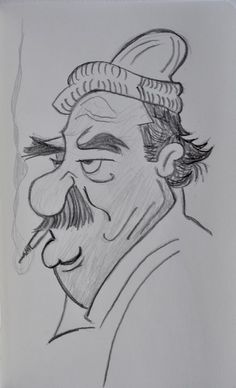 a drawing of a man with a mustache and hat on it's head, looking to the side