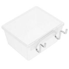 a plastic storage box with two hooks on the front and one hook in the back