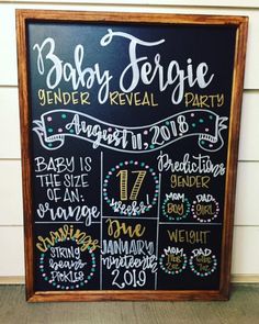 a chalkboard sign with baby fergie and gender reveal party written on it