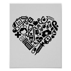 a heart made up of medical icons in black and white on a light gray background