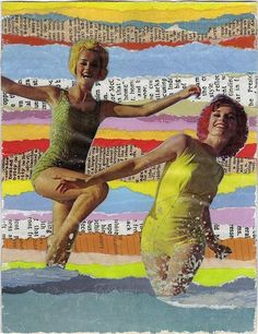 a collage of two women jumping in the air with their arms spread wide and legs spread out