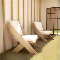 two white chairs sitting next to each other in front of a wall with wooden slats