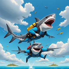 two cartoon sharks with life jackets on swimming in the ocean