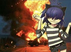 an anime character is standing in front of a fire with her hand up to the side