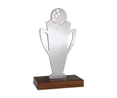 a metal sculpture with a wooden base on a white background, it is shaped like a man