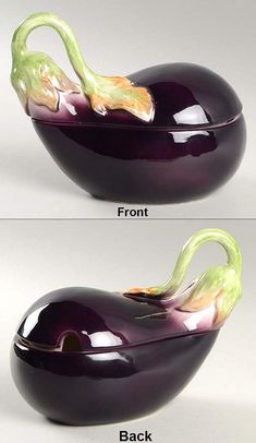 two pictures of an eggplant shaped vase