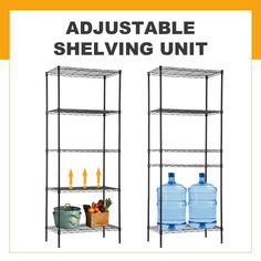 two shelving units with the words, adjustable shelving unit above them and an image of