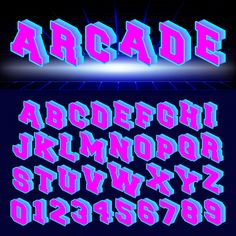 an old school font with neon blue and pink letters in the middle, on a dark background