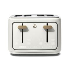 a white toaster sitting on top of a white table next to two black handles