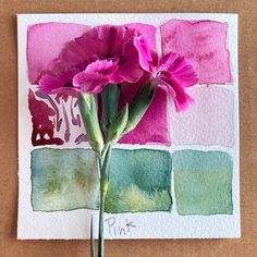 a pink flower sitting on top of a piece of paper with watercolor swatches