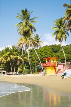 a lifeguard tower on the beach with palm trees