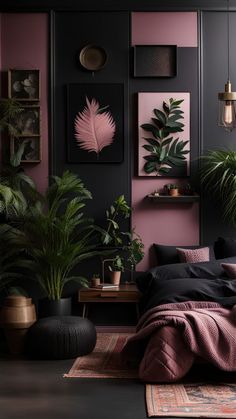 a bedroom with pink and black walls, potted plants and rugs on the floor