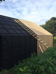 a black house with a ladder going up the side