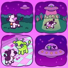 four cartoon pictures with animals and aliens on them