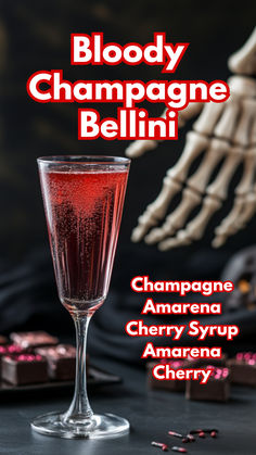 Bloody Champagne Bellini Halloween Alcohol Drinks, Gothic Cocktails, Champagne Bellini, Halloween Alcoholic Drinks, Halloween Beverages, Amarena Cherries, Fun Halloween Drinks, Spooky Cocktails, Cocktail Cards