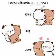 two bears hugging each other with the caption i need vitamin k, h and l kiss hug love