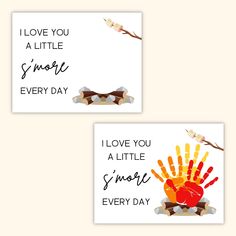 two cards with the words i love you a little smile every day and an image of a handprinted heart