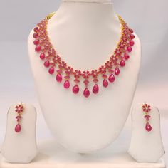 Item Name: Necklace Set Stones: Red Onyx & Czs Beads: Real Ruby Cut Drops Ruby Drops Necklace, Ruby Sets Indian Gold, Durga Jewellery, Ruby Gold Necklace, Rubies Necklace, Chicken Starter, Ruby Necklace Designs, Ruby Jewelry Necklaces, Pink Stone Necklace