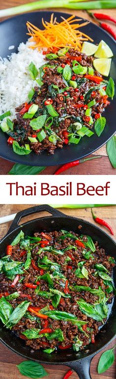 thai beef stir fry in a skillet with rice and vegetables on the side, then topped with basil