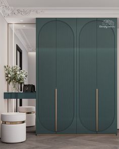 a green closet with two doors and a mirror on the wall next to a white stool