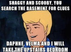 an image of a cartoon character with caption that reads, shaggy and scooby you search the basement for clues dappine, vella and i will take the upstairs bedroom