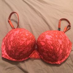 Bright Pink And Dark Orange Lace Embellished Push Up Bra From The Vs Very Sexy Collection, Nwt Pink Low-cut Padded Bra, Low-cut Padded Pink Bra, Party Pink Bra With Padded Cups, Pink Underwire Bra For Party, Pink Padded Party Bra, Pink Party Bra With Lined Body, Pink Low-cut Bra With Removable Pads, Pink Lined Bra For Party, Low-cut Pink Bra With Removable Pads