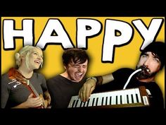 three men are laughing and playing the piano with words that say happy above them in white letters