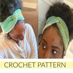 two pictures of a woman with her hair in a ponytail and wearing a crochet turban headband