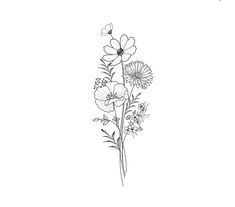 a black and white drawing of flowers on a white background