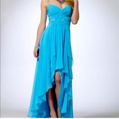 Very Comfortable And Beautiful Chiffon Material Hi-Low Cutout Dress. Lined. Very Pretty. Size Small (4). Never Worn. Tag Was Cut Off But From Cach Originally Prom Dress Shoes, Aqua Blue Color, Prom Long, Blue Evening Dresses, Easter Dress, One Piece Dress, Cutout Dress, Piece Dress, Mother Of The Bride Dresses