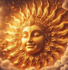 a golden sun with a face in the clouds