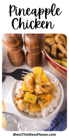 pineapple chicken on top of white rice in a bowl