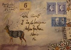 an old postcard with stamps on it and some animals in the middle one has been altered