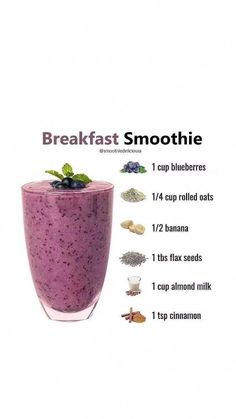 a blueberry smoothie in a glass with ingredients