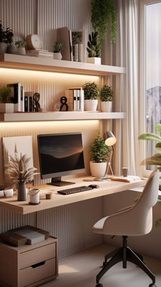 a desk with a computer on it in front of a window and some potted plants