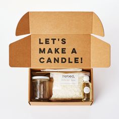 an open box with some condiments in it that says let's make a candle